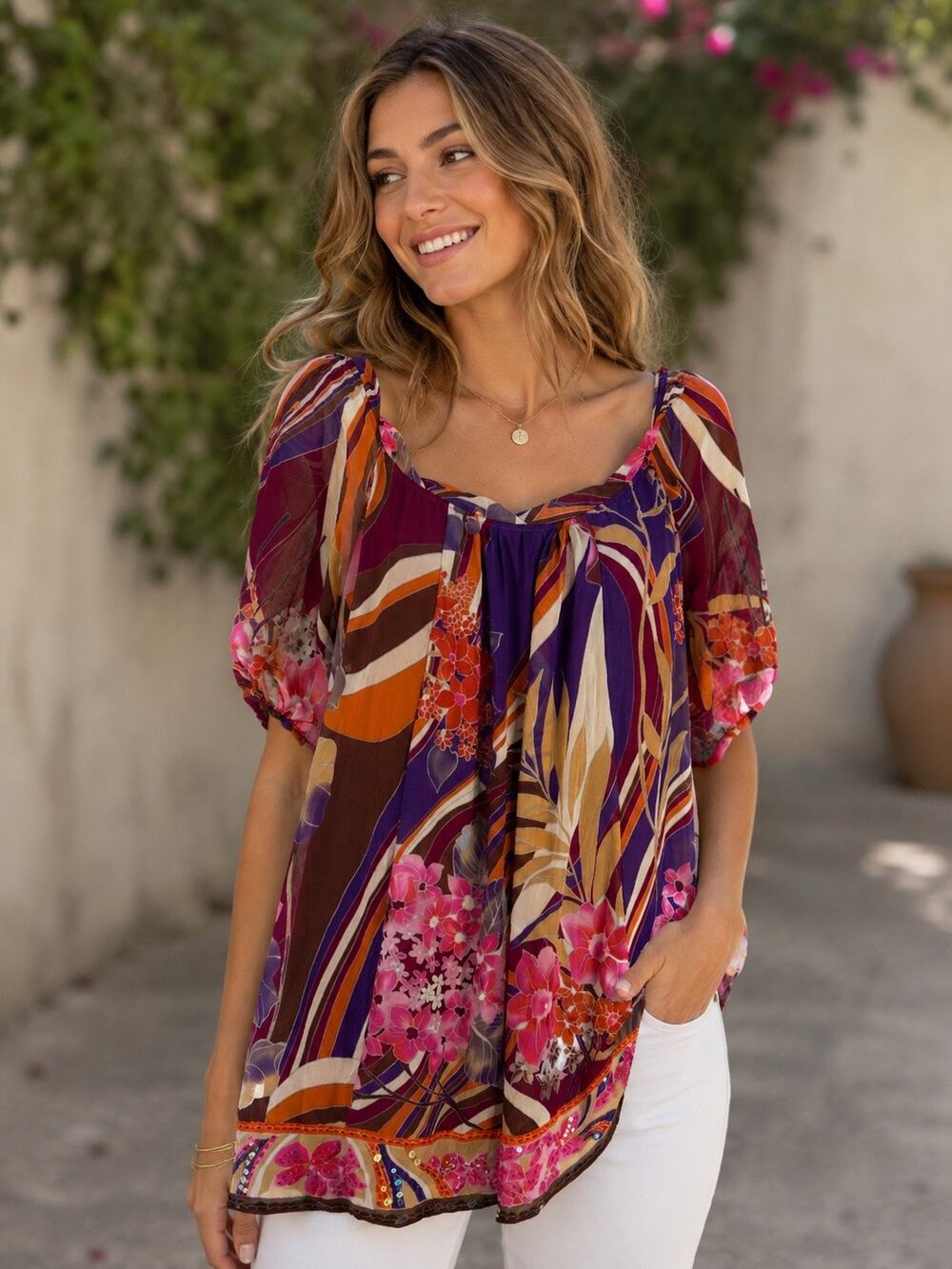 ECI New York Y2K women’s Multi Art Deco Floral Peasant Boho Puff Sleeve Top 14
